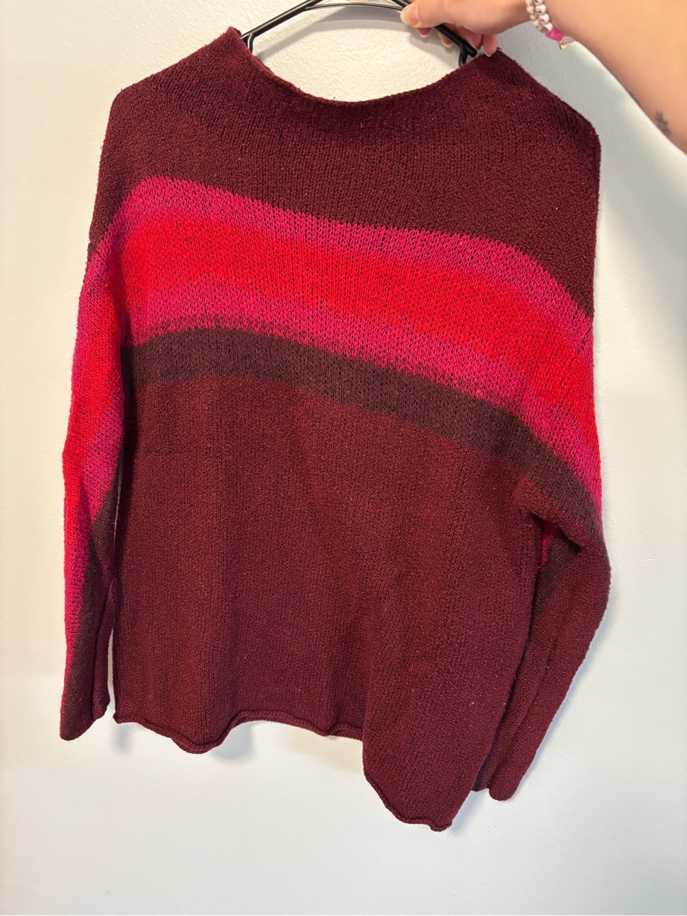 Maurices Burgundy Crewneck Sweater with Pink and Red Stripe Accents
